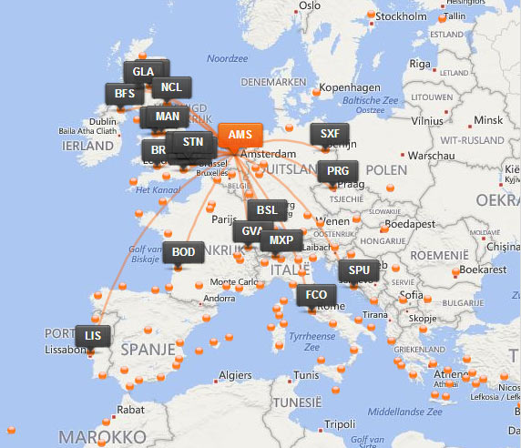 Routenetwerk Easyjet vanaf Amsterdam Schiphol
