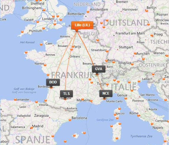 Routenetwerk Easyjet vanaf Lille