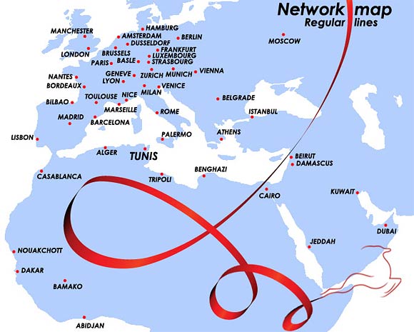 Routenetwerk Tunisair (copyright Tunisair 2012) Routes van Tunis Air (copyright Tunisair 2012)